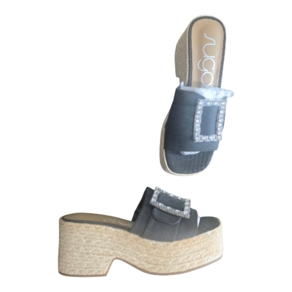 Sugar Espadrille Platform Sandals Size 8 Chunky Wedge Buckle Blue Canvas NWOB